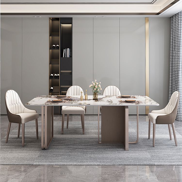 Fixed Minimalist Sintered Stone Top Kitchen Table Set of Brown Tone for Dining Room