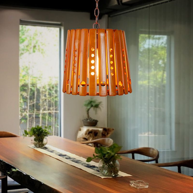 Barrel Pendant Light Fixture Modern Wood 1 Light Dining Room Hanging Light in Brown