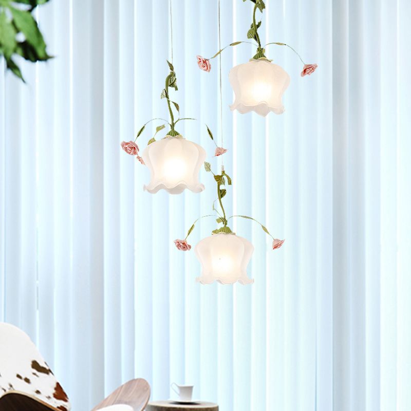 Milk Glass Scalloped Multi Light Pendant Pastoral 3 Bulbs Restaurant Suspension Lighting Fixture in Green with Round/Linear Canopy