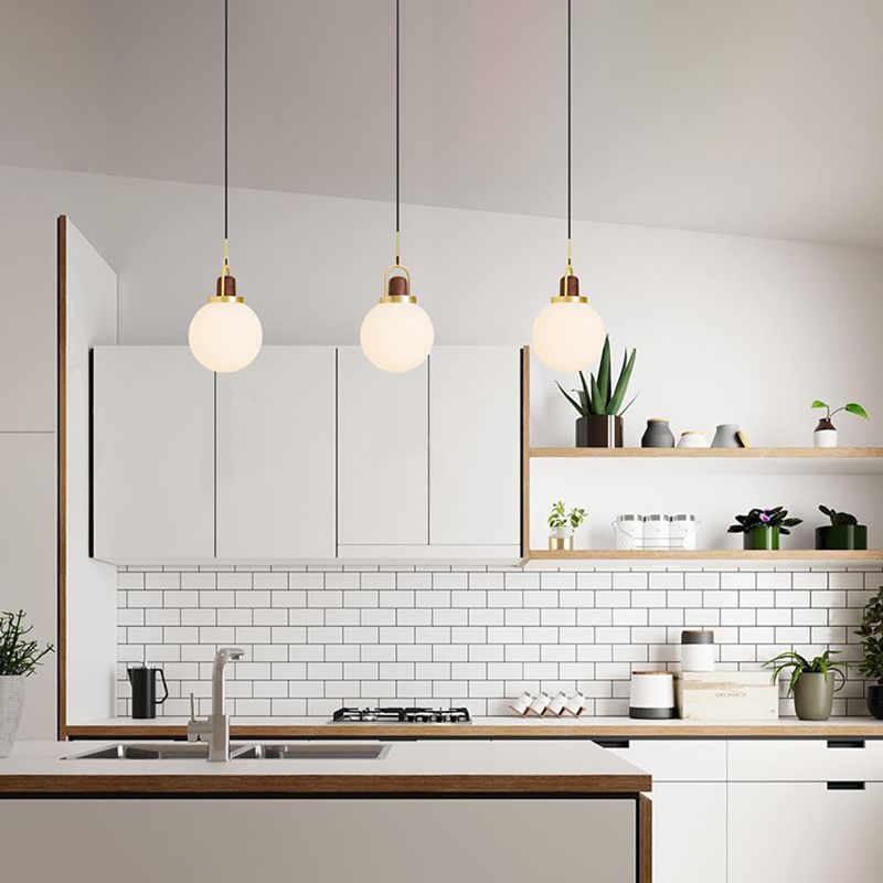 Opal Glass Ball Shade Pendulum Lamp Simple 1-Light Brass Pendant Light for Bedroom