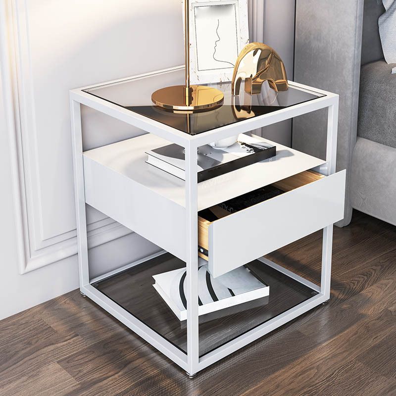 Modern Style Metallic White/gold/black Tempered Glass Table Top Nightstand
