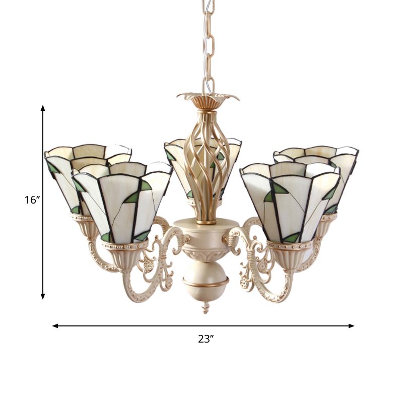 Green Leaf Chandelier Light with Beige Glass 5 Lights Rustic Hanging Ceiling Light for Hall