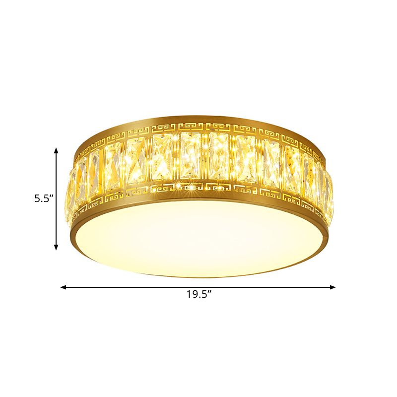 Gold Finish Drum Flush Mount Lamp Modern Clear Rectangular-Cut Crystals LED Bedchamber Light Fixture, 19.5"/23.5" Width