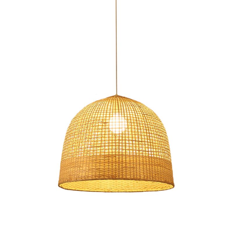 Beige Domed Pendant Lamp Japanese 1 Bulb Bamboo Hanging Ceiling Light for Teahouse