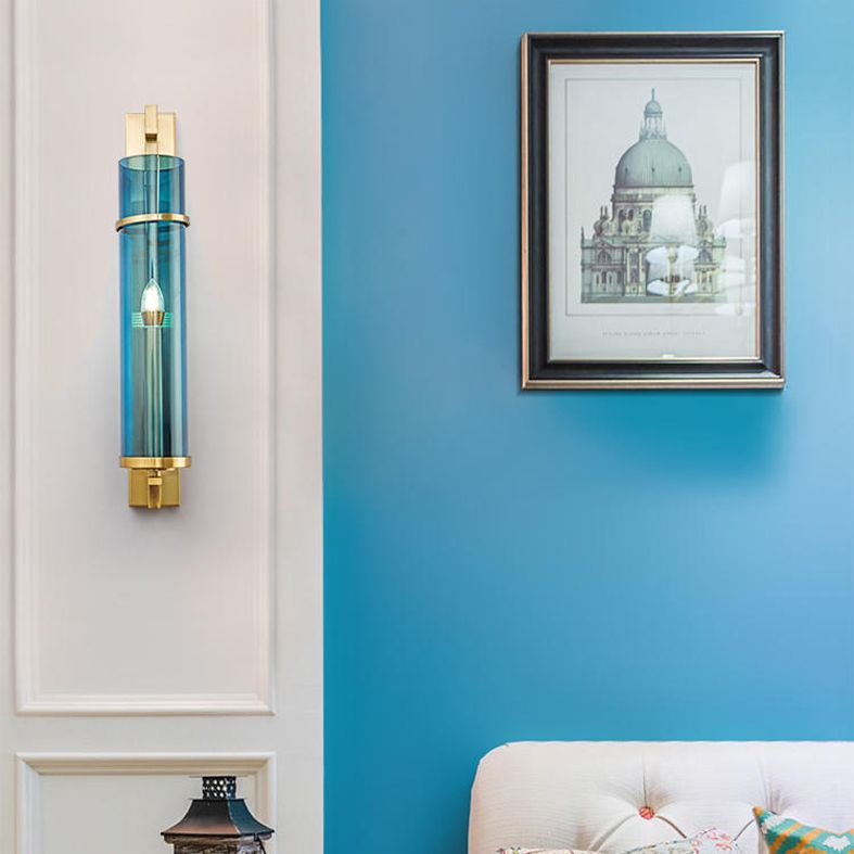 Minimalism Wall Sconce Lighting Blue Cylindrical Sconce Light Fixture with Glass Shade