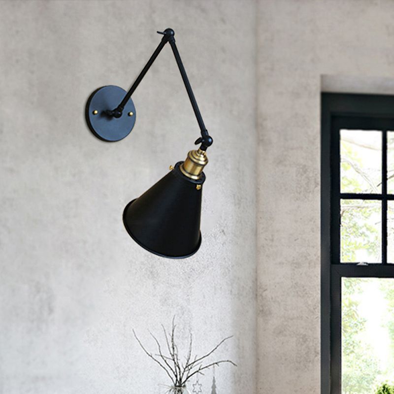 Swing Arm Indoor Wall Lighting with Conic Shade Retro Metal 1 Light Black Wall Mount Light