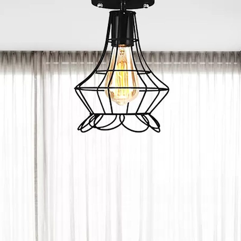 Global/Barrel Iron Semi Flush Mount with Wire Guard Farmhouse Style 1 Light Coffee Shop Ceiling Light in Black