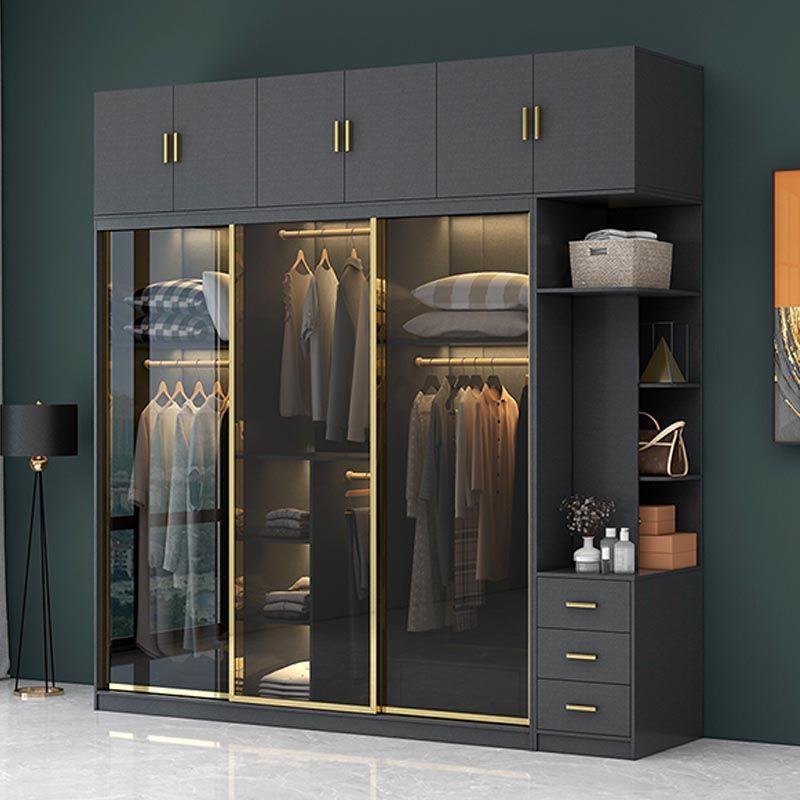 Modern Sliding Door Wardrobe for Bedroom Black Cabinet with Glass Doors