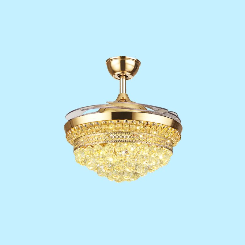 Abgestufte Kristallkugel Semi Flush Mount Light Contemporary Gold 4-Blade LED Hanging Lüfterleuchte
