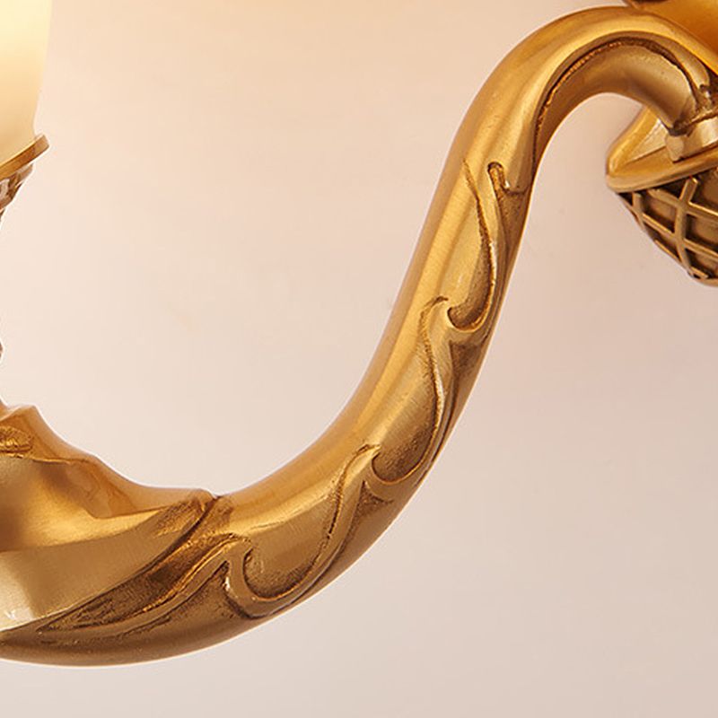 1/2 Lights Frosted Glass Wall Sconce Light Retro Gold Dome Entry Wall Lamp with Metal Scrolled Arm