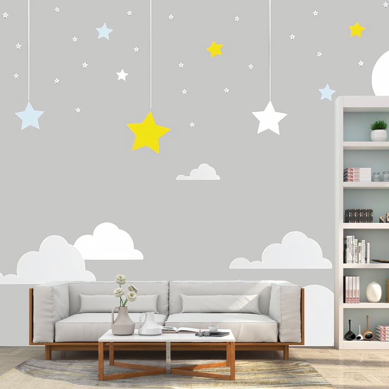 Cartoon Moon and Cloud Mural for Boy or Girl Minimalist Wall Covering, Custom Size Available