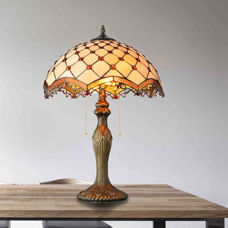 2 Lights Bowl Desk Light with Bead Tiffany Classic Art Glass Desk Lamp in Beige for Study Room