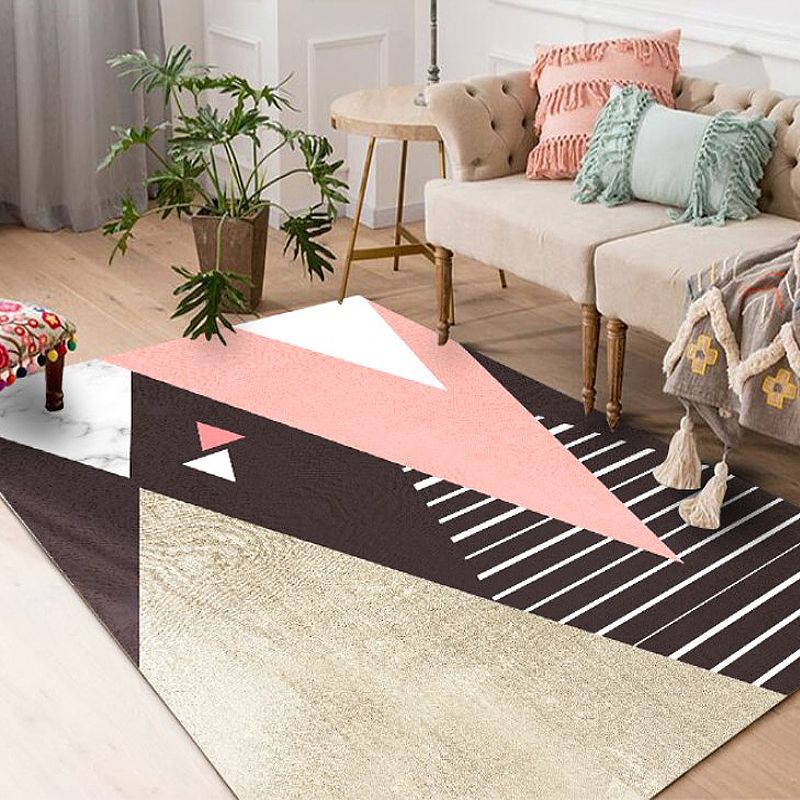 Modern Geometric Pattern Rug with Stripe Printed Multicolor Polyester Rug Washable Non-Slip Pet Friendly Carpet for Living Room