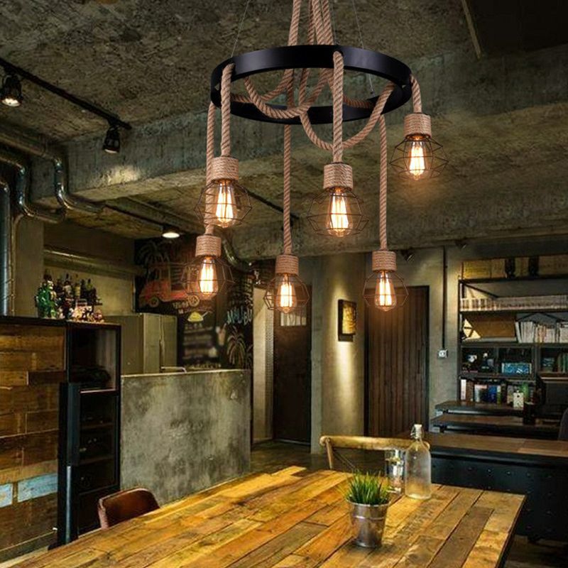 Caged Sitting Room Chandelier Rural Hemp Rope Brown 6 Lights Circular Suspension Pendant