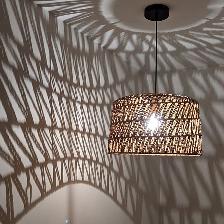 1-Light Hemp Rope Drum Hanging Light Hand Knitting Creative Bedroom Suspension Lamp in Beige