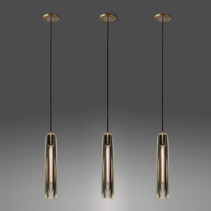 Brass Cylindrical Hanging Lamp in Modern Creative Style Copper Pendant Light with Crystal Shade