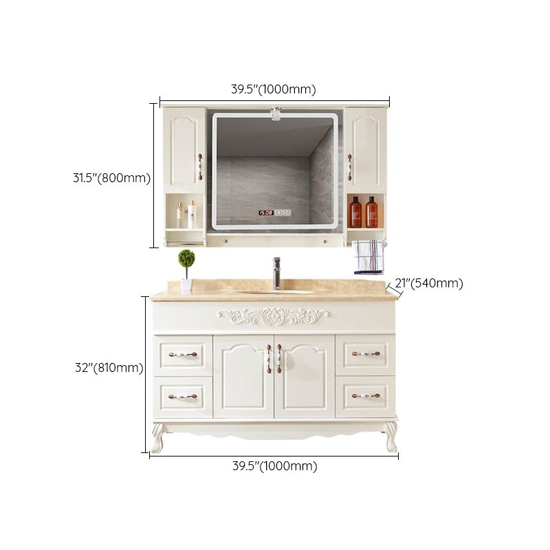 Wood Frame Bathroom Vanity White Freestanding Mirror Drawers Rectangle Vanity with 2 Doors