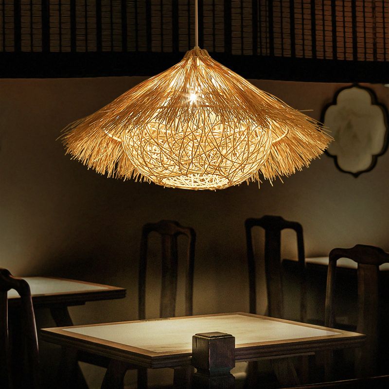 Minimalist Cone Suspension Light Rattan 1 Head Restaurant Pendant Ceiling Light in Wood