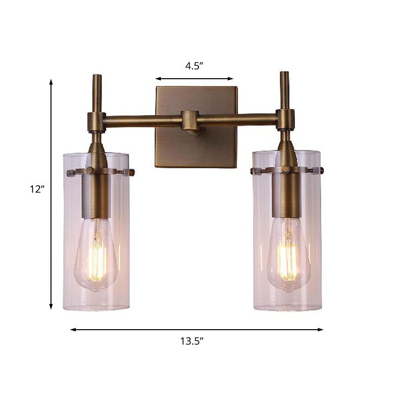 Clear Glass Cylinder Wall Sconce Modern 2 Lights Dining Room Lighting Fixture in Aged Brass