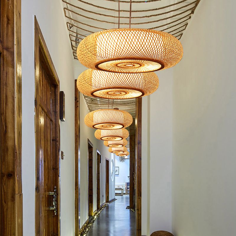 Handmade Round Bamboo Hanging Light Chinese 1 Bulb 18"/19.5"/31.5" Wide Beige Ceiling Pendant for Tearoom