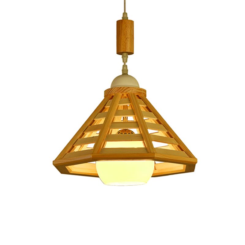 Cone Cage Down Lighting Modernist Wood 1 Light Beige Pendant Lamp Fixture for Dining Room