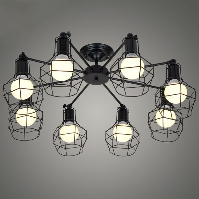 8 Bulbs Chandelier Lighting Retro Style Radial Iron Pendant Light in Black for Barbershop