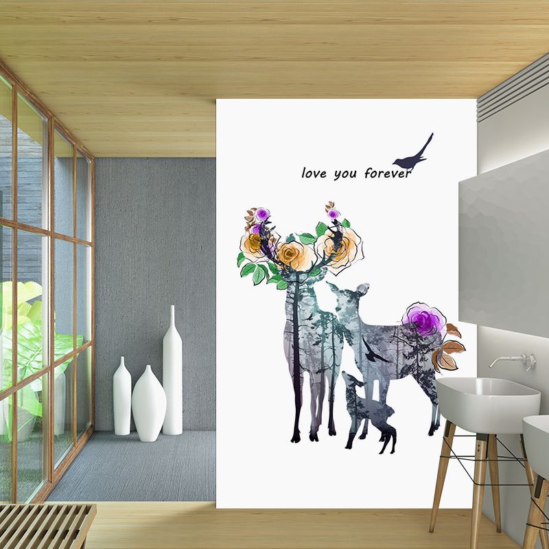 Deer Family Watercolor Murals Art Deco Moisture Resistant Bedroom Wall Covering, Customized Size