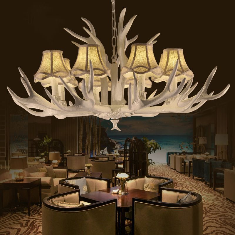 8 Heads Resin Chandelier Rustic Style White Cone Shade Living Room Pendant Light with Antler