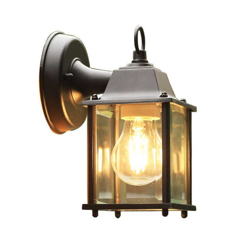 Glass Rectangle Shade Wall Sconce Rustic 1 Bulb Courtyard Wall Light Fixture in Black