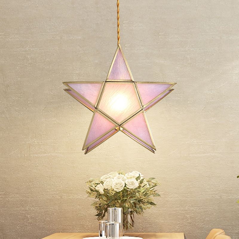 Pink Water Glass Pentacle Pendant Lamp Nordic Style 1-Light Brass Finish Ceiling Lighting Fixture