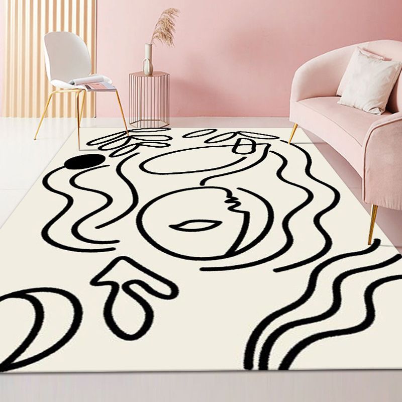 White Simple Rug Polyester Irregular Line Rug Washable Rug for Drawing Room