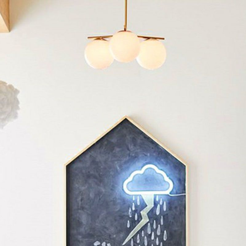Minimalistic 3 Heads Chandelier Gold Ball Suspension Light with Cream Glass Shade