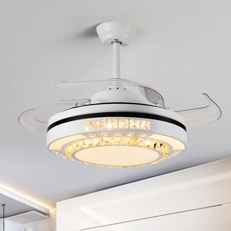 LED Round Pendant Fan Lamp Modern White Clear Crystal Blocks Semi Flush with 4 Blades, 21.5" Wide