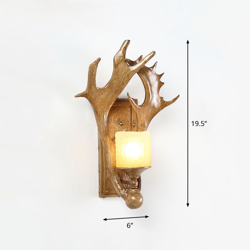 Antler Resin Wall Mount Light Retro 1-Light Study Room Wall Lighting with Frosted Glass Shade in Brown