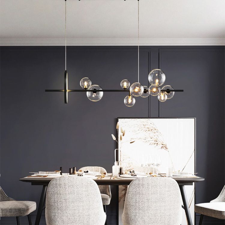 Modern Minimalism Black Linear Island Pendant Lighting Sphere Glass Island Ceiling Light for Living Room