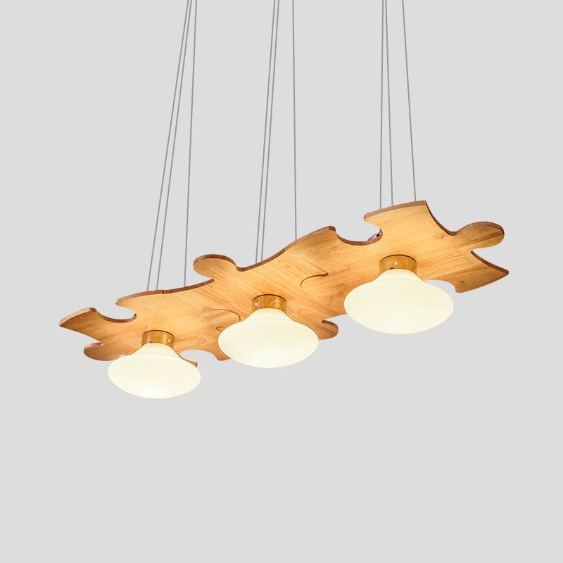 Cream Glass Jellyfish Multi Light Pendant Modernist 3-Light Suspension Lamp with Jigsaw Puzzle Wood Beam