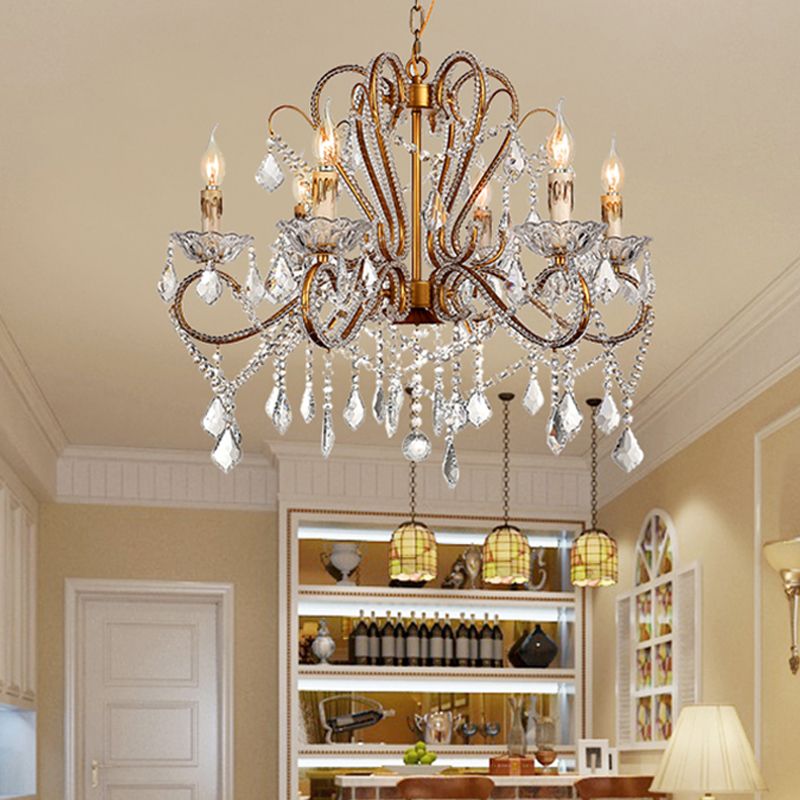 6/8 Lights Curving Chandelier Lighting Rural Style Brass Crystal Hanging Ceiling Light for Living Room