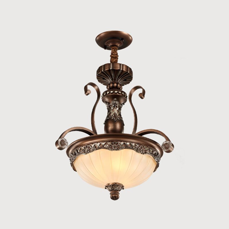 White Ribbed Glass Bowl Shade Pendant Traditional 3 Lights Dining Room Down Lighting in Bronze