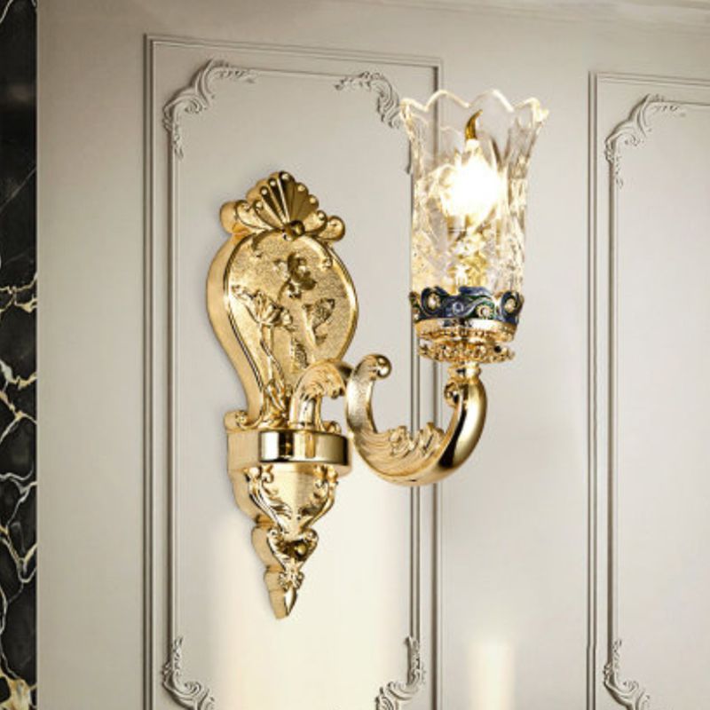 Gold Plated Sconce Lighting Antique Carved Glass Floral Wall Mount Lamp for Foyer
