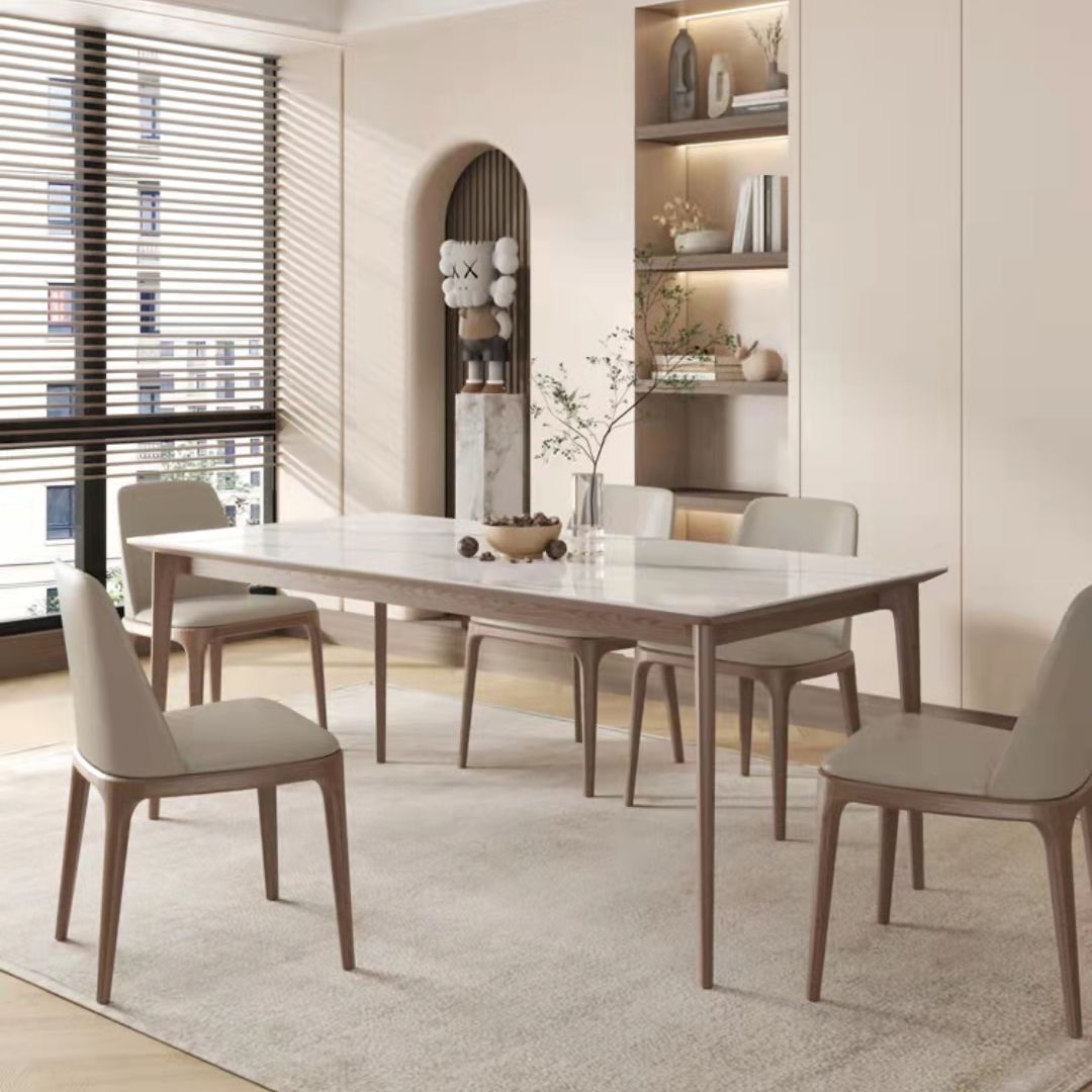 Mid-Century Dining Table for Home White Stone Table with Wooden Legs