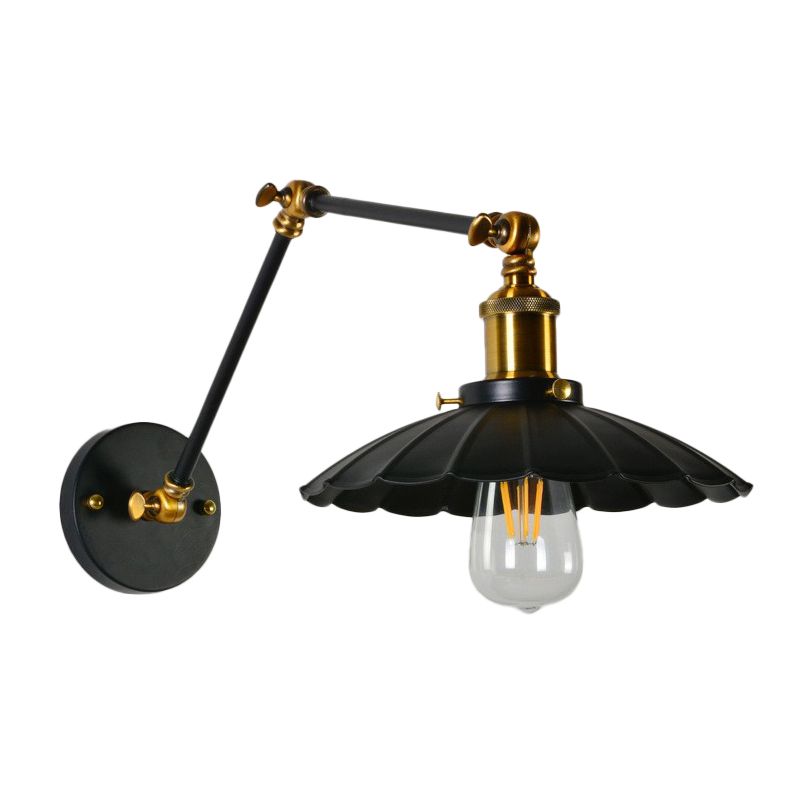 Scalloped Iron Wall Reading Lamp Loft 1 Bulb 8"+8"/12"+12" W Bedroom Wall Light with 2-Joint Adjustable Arm in Black/White-Brass