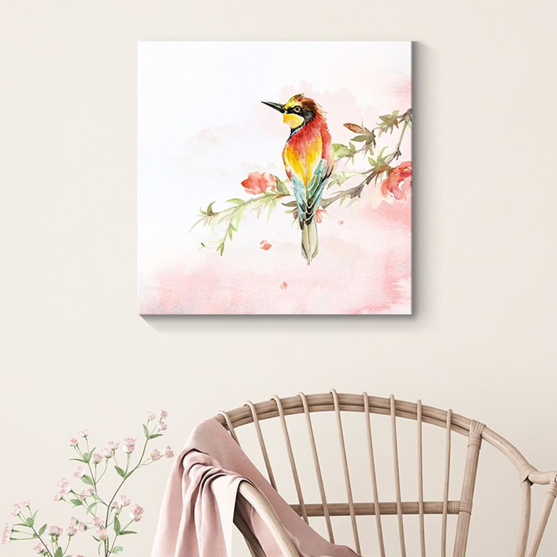 Flower Branch Magpie Canvas Print Textured Childrens Art Living Room Wall Decor in Pink