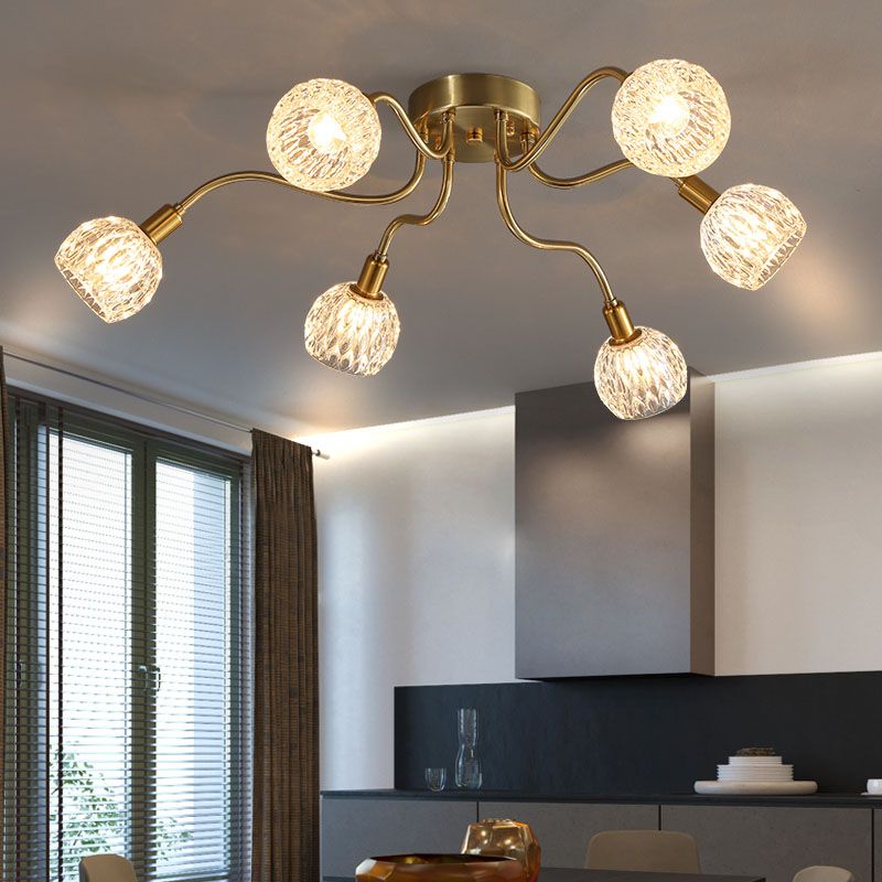 Lámpara de semi rascijada de metal dorado iluminación de techo de flores múltiples modernas con sombra de vidrio