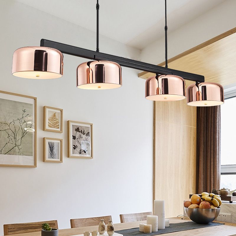 4-Light 55" Island Light Fixture Modern Rose Gold Drum Restaurant Hanging Lamp with Metal Shade