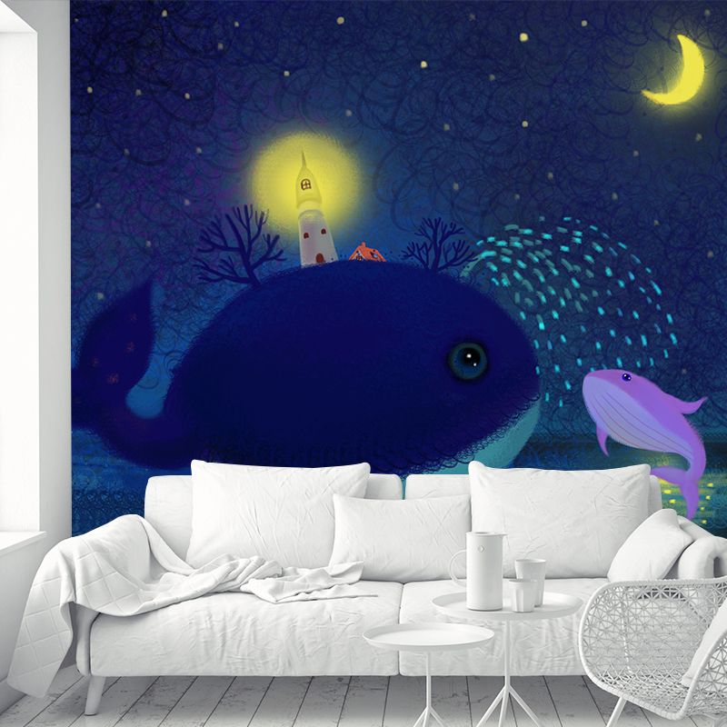 Illustration Childrens Art Mural Blue-Yellow Lighthouse in Whale Under Starry Sky Wall Covering, Custom Made