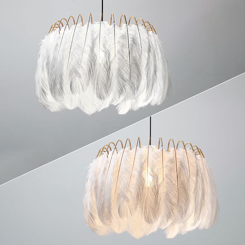 White Drum Pendant Lighting Fixture Modern Style Feather Suspension Pendant Light