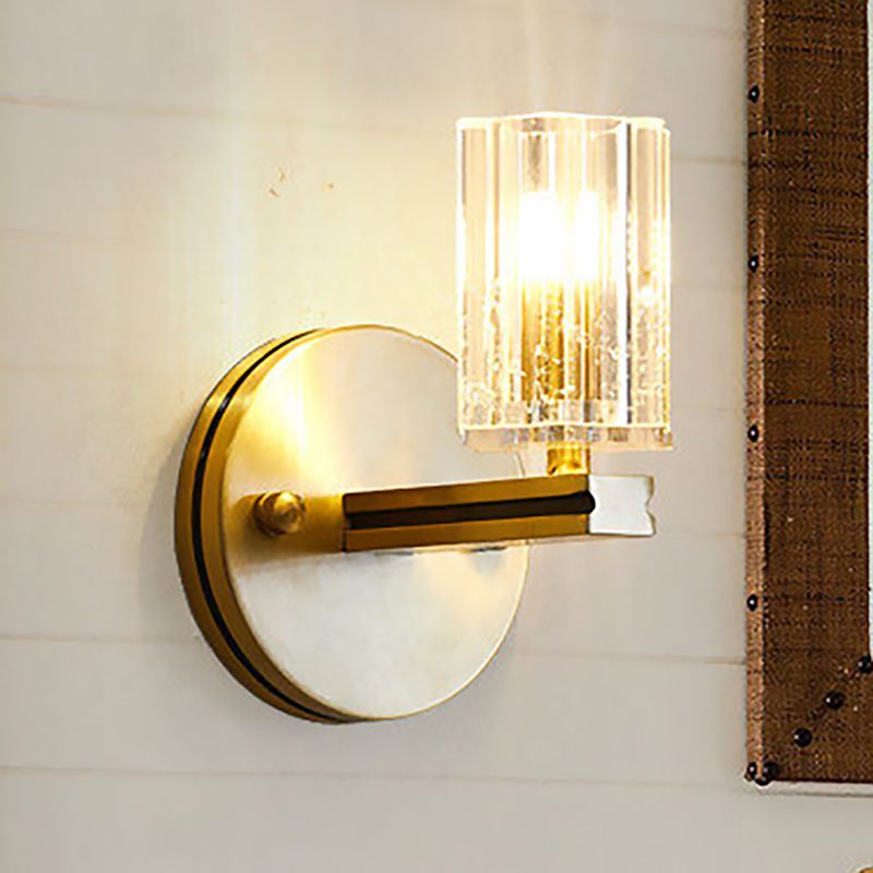 Prismatic Crystal Cylinder Sconce Light Contemporary 1 Light Wall Mount Light in Brass