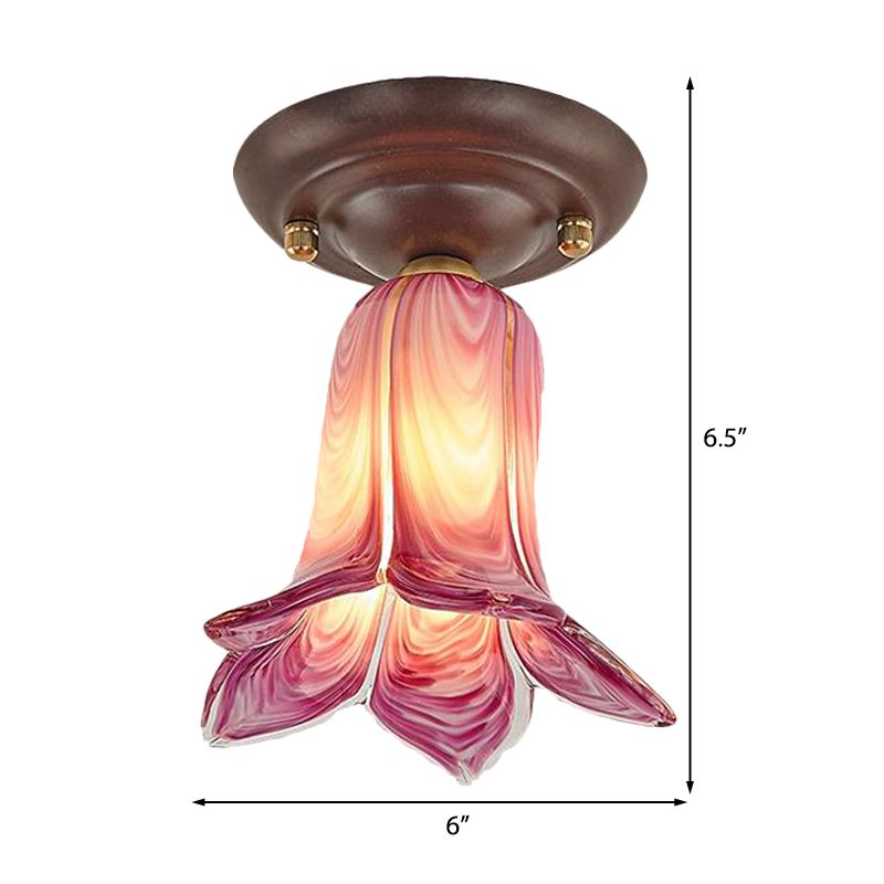 Bloemvormig wit/geel/paars glasinbouwarmatuur Traditionele 1-lichts woonkamerplafondlamp