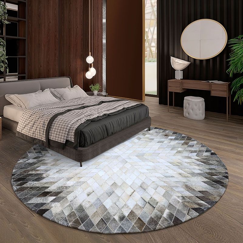 Gray-White Living Room Nordic Geometric Pattern Indoor Rug Cowhide Non-Slip Easy Care Area Carpet