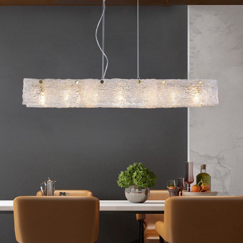 Elongated Rectangle Dinette Drop Pendant Transparent Crackle Glass 9-Light Modern Island Light in Gold